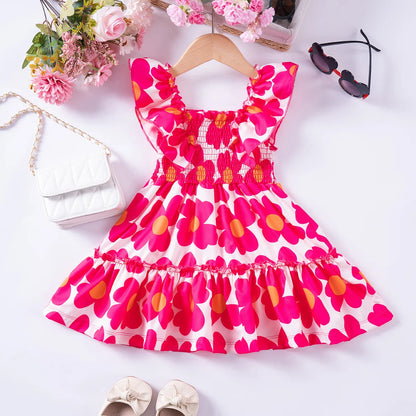 1 - 7 Y Baby Girls Sweet Floral Dress with Ruffled Sleeves & Smocked Waist - Perfect for Party & Summer Wear for Kids Girl Dress
