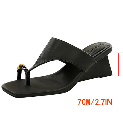 BIGTREE Shoes Wedge Heels Women Shoes Metal Buckle Square Head Flip-flops Summer Women's Sandals Satin Women Pumps Fashion