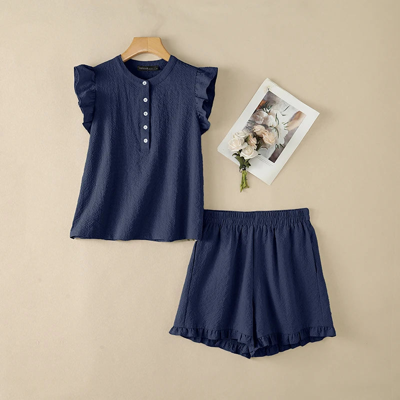 ZANZEA Women's Seersucker Grid Short Sets Ruffles Sleeves Tops & Elastic Waist Shorts 2-Piece Sets Summer Casual Daily Co-ords