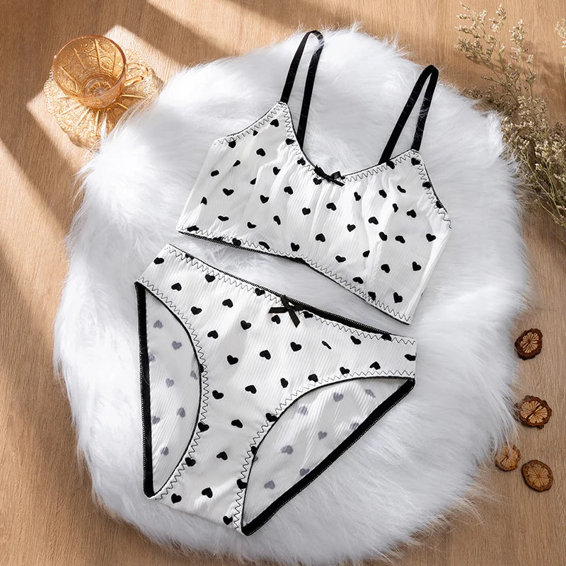 BZEL Women's Bra Sets Breathable Ultra-thin No Underwire Sexy Lingerie Heart Print Sweet Underwear Soft Cozy Female Panties Sale