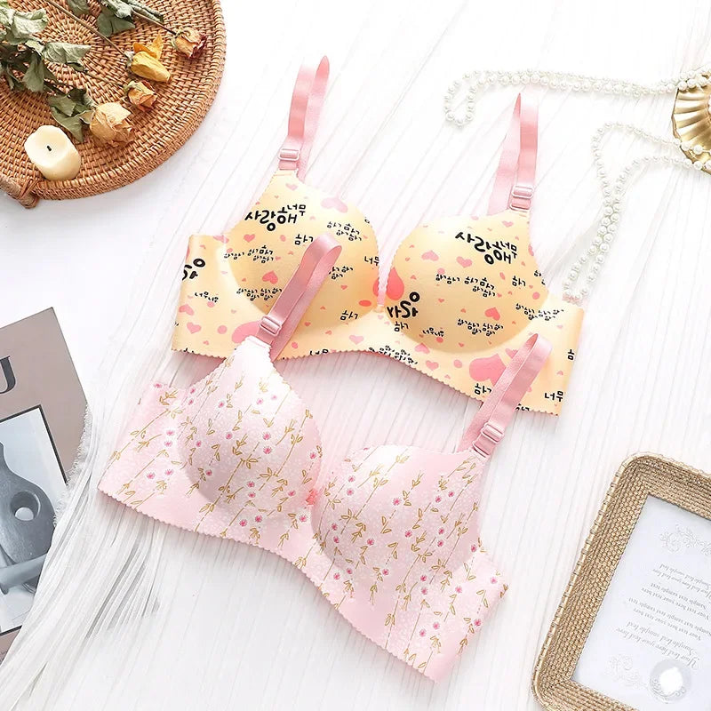 Retro Floral Print Bras Push Up Bra Small Chest Thick Mold Cup No Steel Ring Wirelss Bra Student Seamless Sweet Bra For Girls