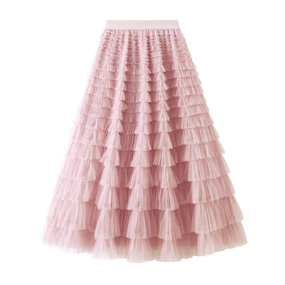 HOT Solid Multilayer Ruffle Mesh Skirt Women Boho High Waist Long Maxi Tulle Skirt Spring Summer Party Women's Clothing