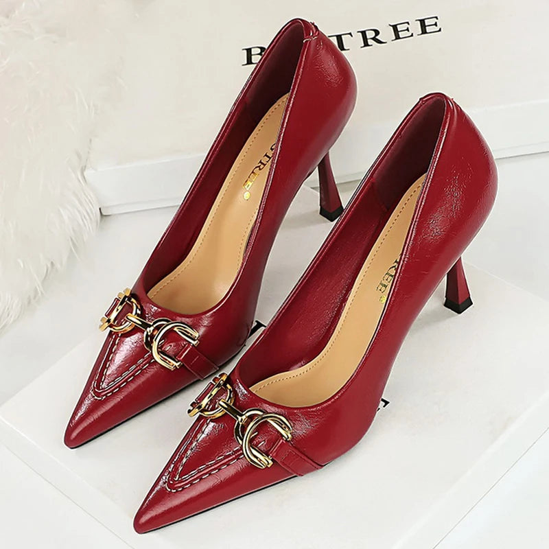 BIGTREE Shoes Metal Belt Buckle Decoration Women Pumps Retro High Heels Pointy-Toed Shoes Stiletto Heels 8 cm Luxury Pumps Lady