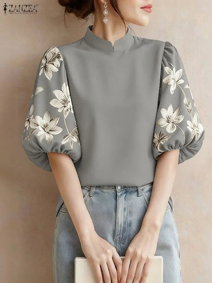 ZANZEA Elegant Women Blouses Fashion Stand Collar Floral Printed Half Lantern Sleeve Casual Tops Spring 2025 Woman Clothes S-3XL