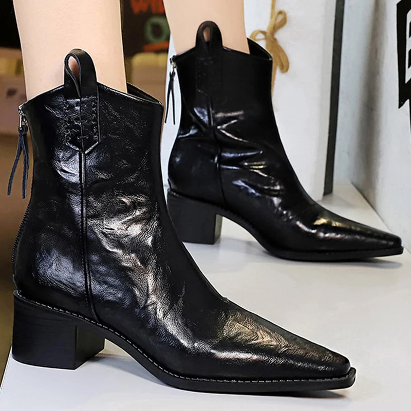 BIGTREE Designer Punk Vintage Pointed Toe Women Ankle Boots Autumn Winter Zipper Shoes Women Fashion Square Heel Botas Mujer
