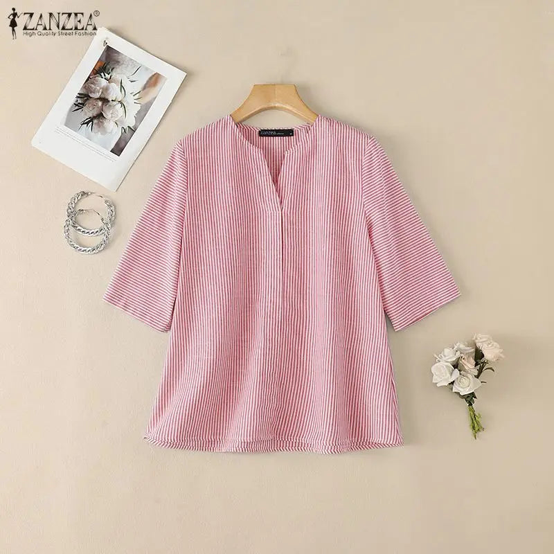 ZANZEA 2026 Summer Women Loose Striped Blouses V-Neck 3/4 Sleeve Pullover Tops Daily Casual Day to Night Blusas de Mujer