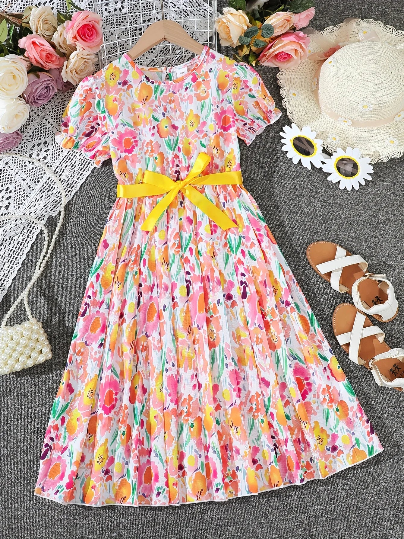 Summer Casual Floral Pattern Lantern Sleeve Dress for Girls with Belt Fashionable Comfortable All-Match for Leisure Outings