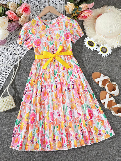 Summer Casual Floral Pattern Lantern Sleeve Dress for Girls with Belt Fashionable Comfortable All-Match for Leisure Outings