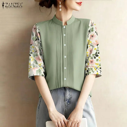 ZANZEA Elegant Floral Printed 3/4 Sleeve Shirts Women Fashion Stand Collar Button Up Pintuck Patchwork Blouses Spring Woman Tops