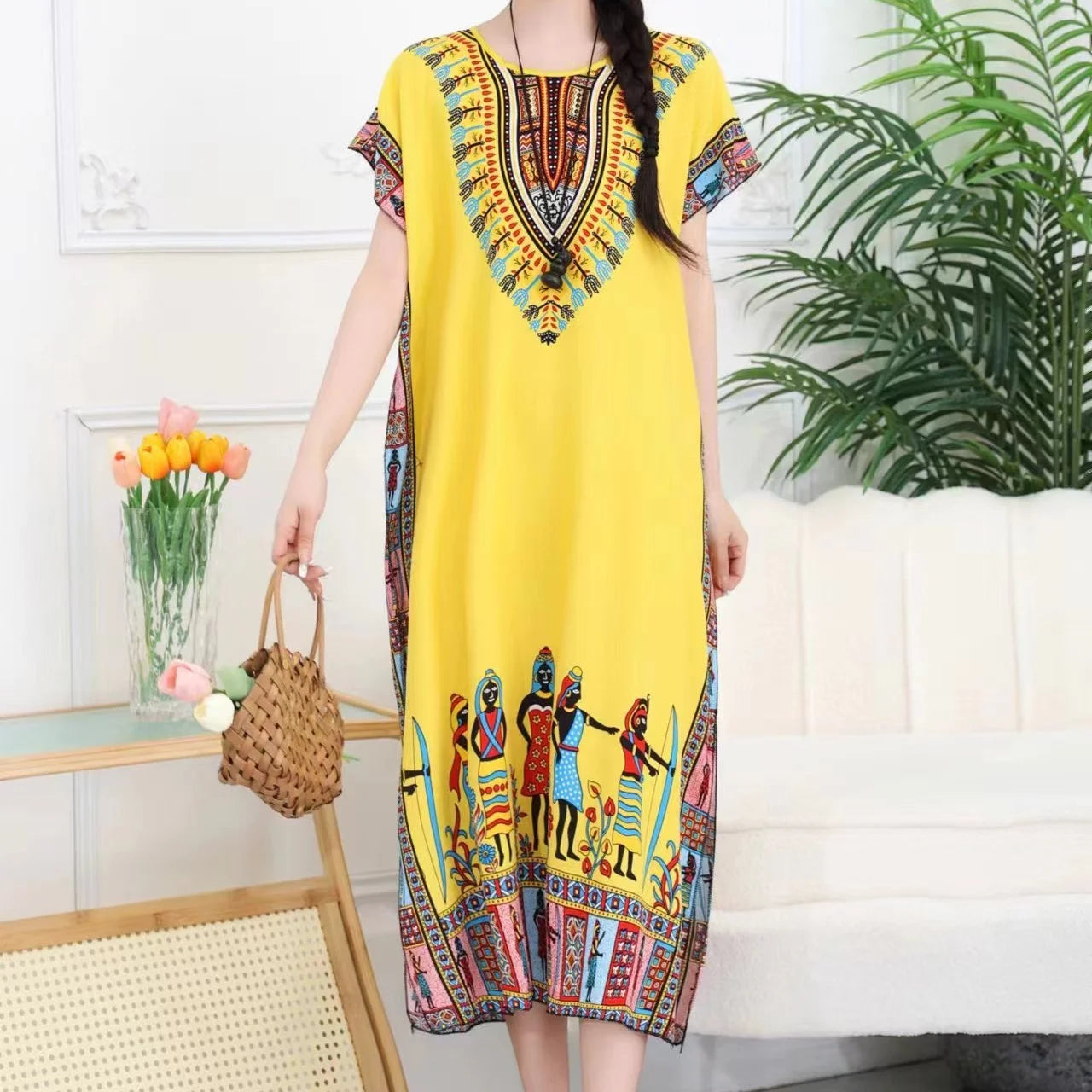 Women Bohemian Ethnic Printed Holiday Dress V-Neck Elastic Waist Casual Batswing Sleeve Mid Dress Elegant Vintage Retro Dress