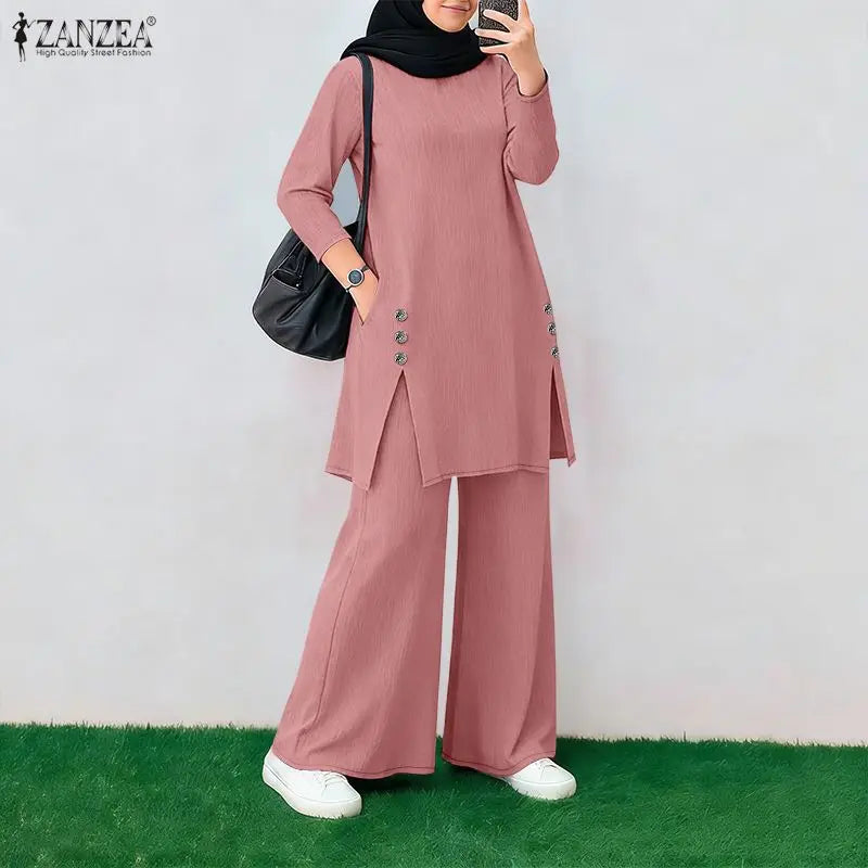 Ramadan Outfit 2026 ZANZEA Fashion Muslim Suit Women 2 Piece Sets Full Sleeve Long Tops Wide Leg Pant Sets Dubai Hijab Tracksuit