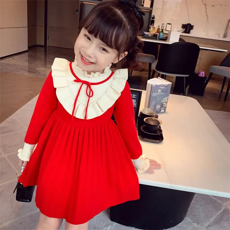 2025 New Girls Autumn Winter Ruffled Collar Long Sleeve Knit Princess Dress Stylish Childrens Cotton Dress