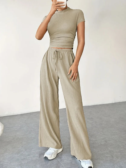 2Pcs/Set Women's Casual Sports Set Spring and Summer Basic Solid Color Slim Lady's Round Neck Short Sleeve Top and Floor Pants