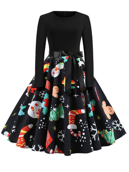 Music Note Print Elegant Party Dress Women Retro Vintage Casual Spring Autumn Midi Dresses
