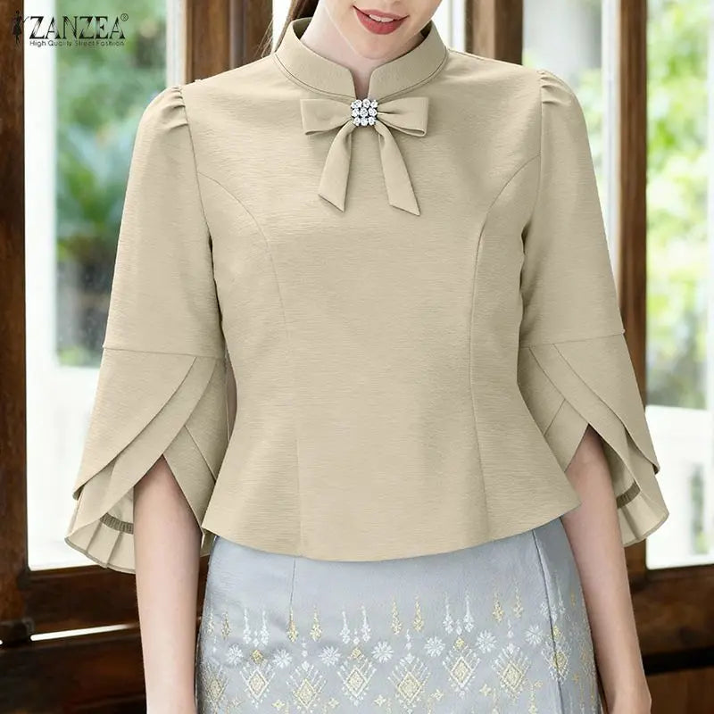 ZANZEA Women's Elegant Bow Tie Blouses Classy 3/4 Petal Sleeves Mandarin Collar Princess Seams Back Zipper Tops Woman Clothes