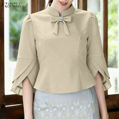 ZANZEA Women's Elegant Bow Tie Blouses Classy 3/4 Petal Sleeves Mandarin Collar Princess Seams Back Zipper Tops Woman Clothes