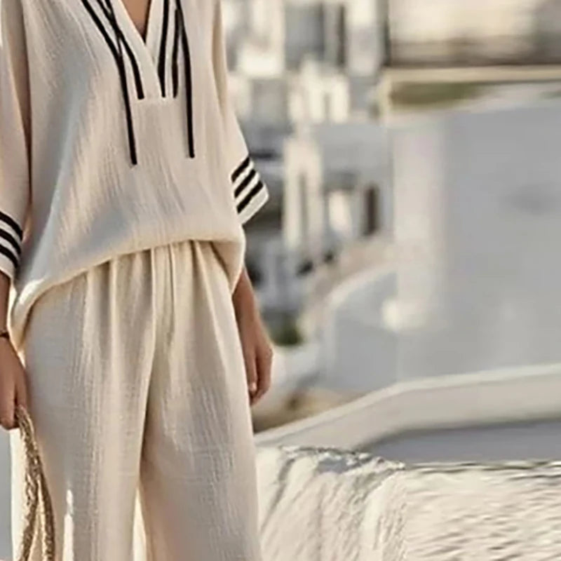 Summer Striped Printed 3/4 Sleeve Hoodies Shirt High Waist Wide Leg Pants Suit Women Casual Loose Two Piece Set Female Tracksuit