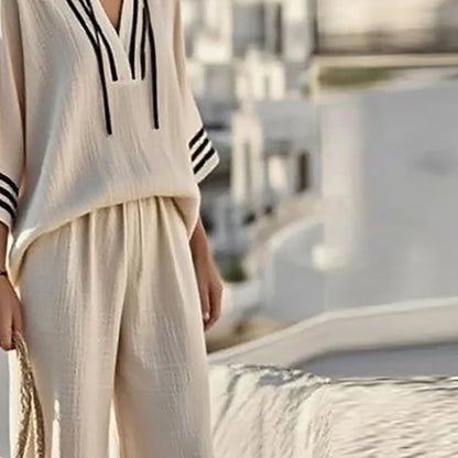 Summer Striped Printed 3/4 Sleeve Hoodies Shirt High Waist Wide Leg Pants Suit Women Casual Loose Two Piece Set Female Tracksuit