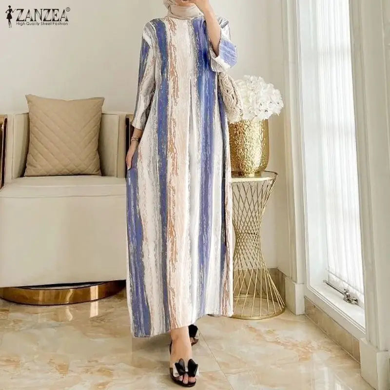 ZANZEA Fashion Casual O Neck Long Sleeve Printed Dress Muslim Dresses Abaya Women Summer Sundress Robe Femme Loose Vestidos