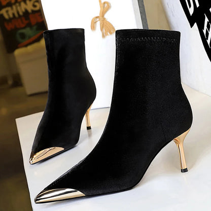 BIGTREE Shoes Metal Pointed Tip Women Boots Stilettos Heels 5 CM 8 CM Fashionable High-Heeled Boots Suede Ladies Ankle Boots