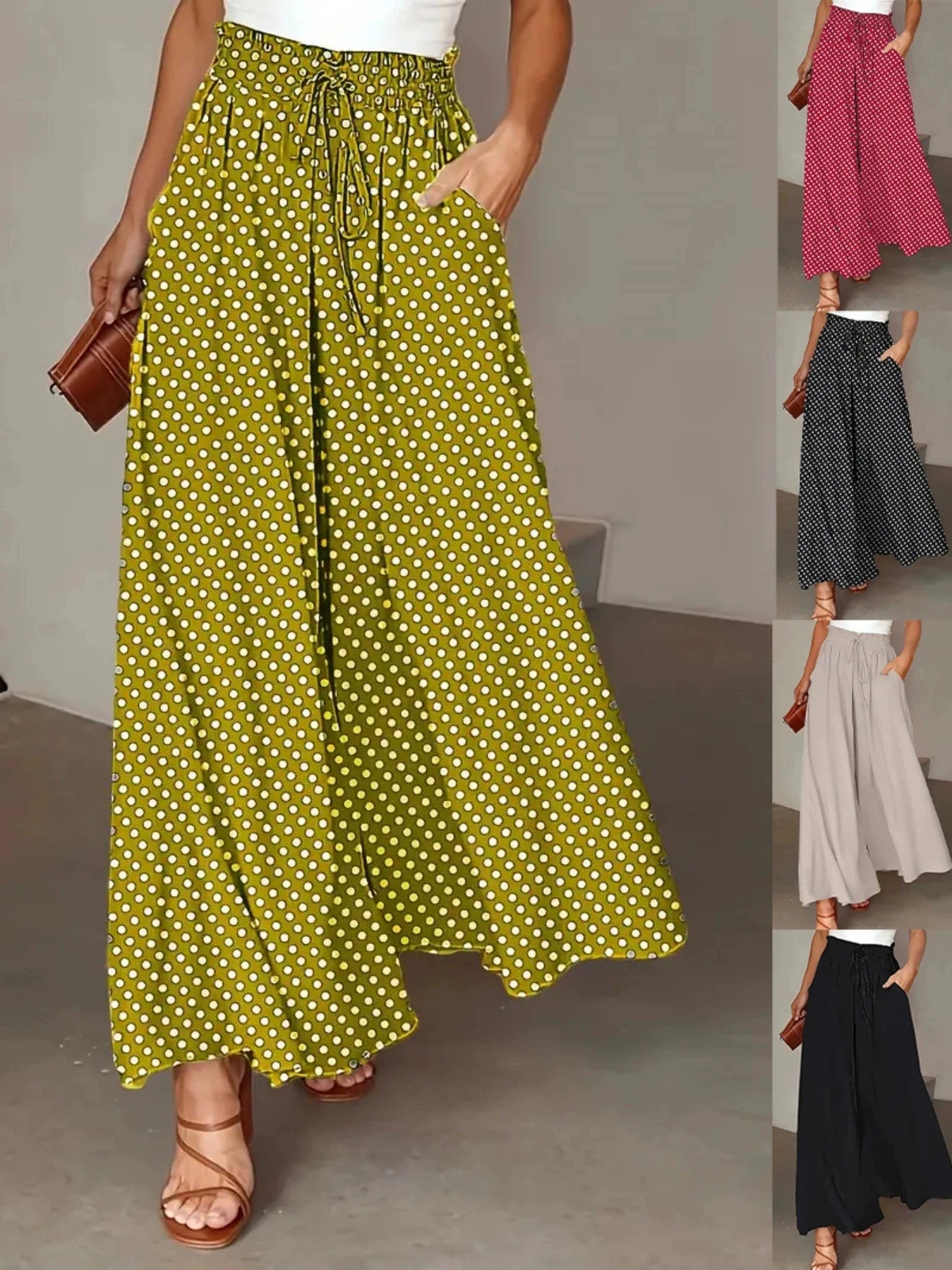 2025 Spring/Summer Bohemian Wide-Leg Pants with Elastic Waist and Polka Dot Print Long Skirt Pants for Women