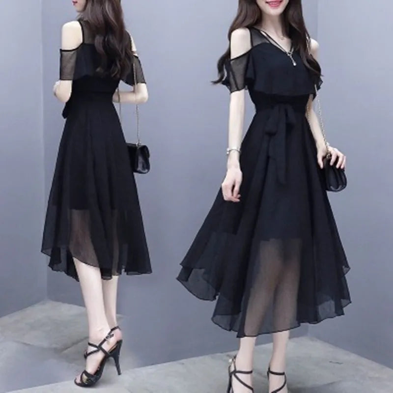 Women's Summer Chiffon Dress Korean Office Lady Graceful Casual Black Off-Shoulder Dresses 2025 New Fashion Clothing Female