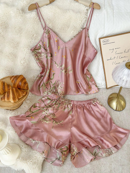 Women's Summer Set Sexy Printed Shorts And V Neck Top Breathable And Comfortable Clothing Set For Home