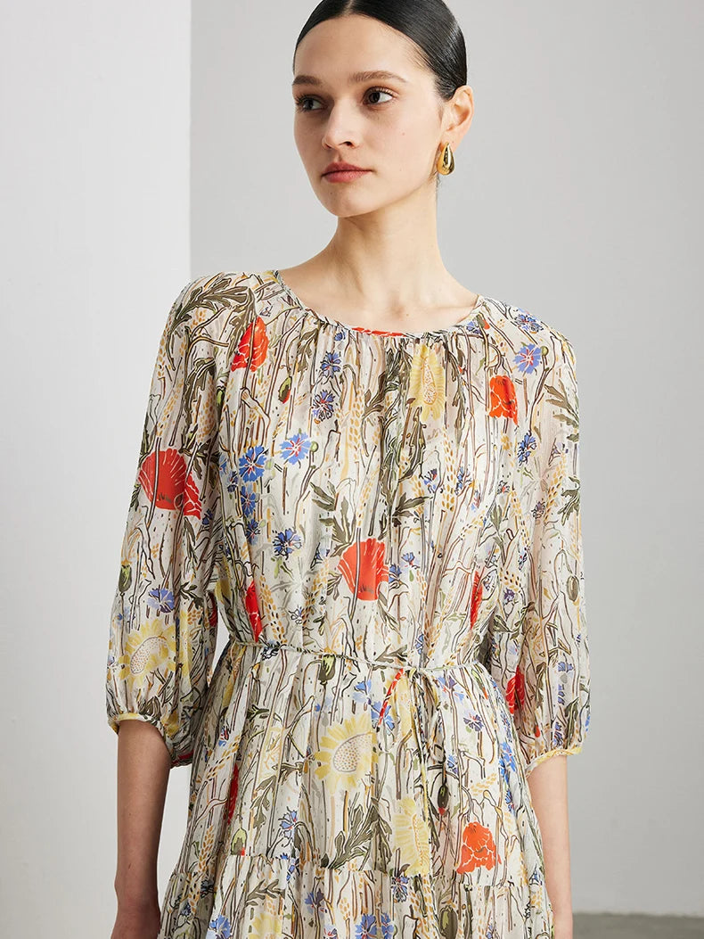 SuyaDream, Women's 100% Mulberry Silk Georgette Two-Piece Set Dress 2026 Summer New Floral Printed, Sheer Long Dress， Beige