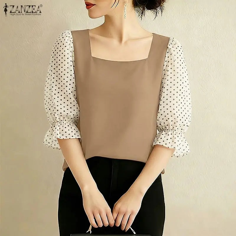 ZANZEA Women's Polka Dots Patchwork Blouses Elegant Square Neck 3/4 Puff Sleeve Pullover Tops Spring Summer Woman Clothes S-3XL