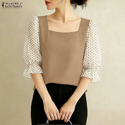 ZANZEA Women's Polka Dots Patchwork Blouses Elegant Square Neck 3/4 Puff Sleeve Pullover Tops Spring Summer Woman Clothes S-3XL