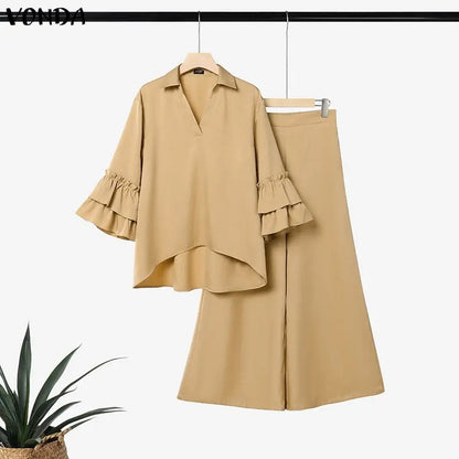 Plus Size Outfits Women Two Piece VONDA Ruffle Sleeve Asymmetrical Hem Tops Wide Leg Pants Sets Elegant V Neck 3/4 Sleeve Suits