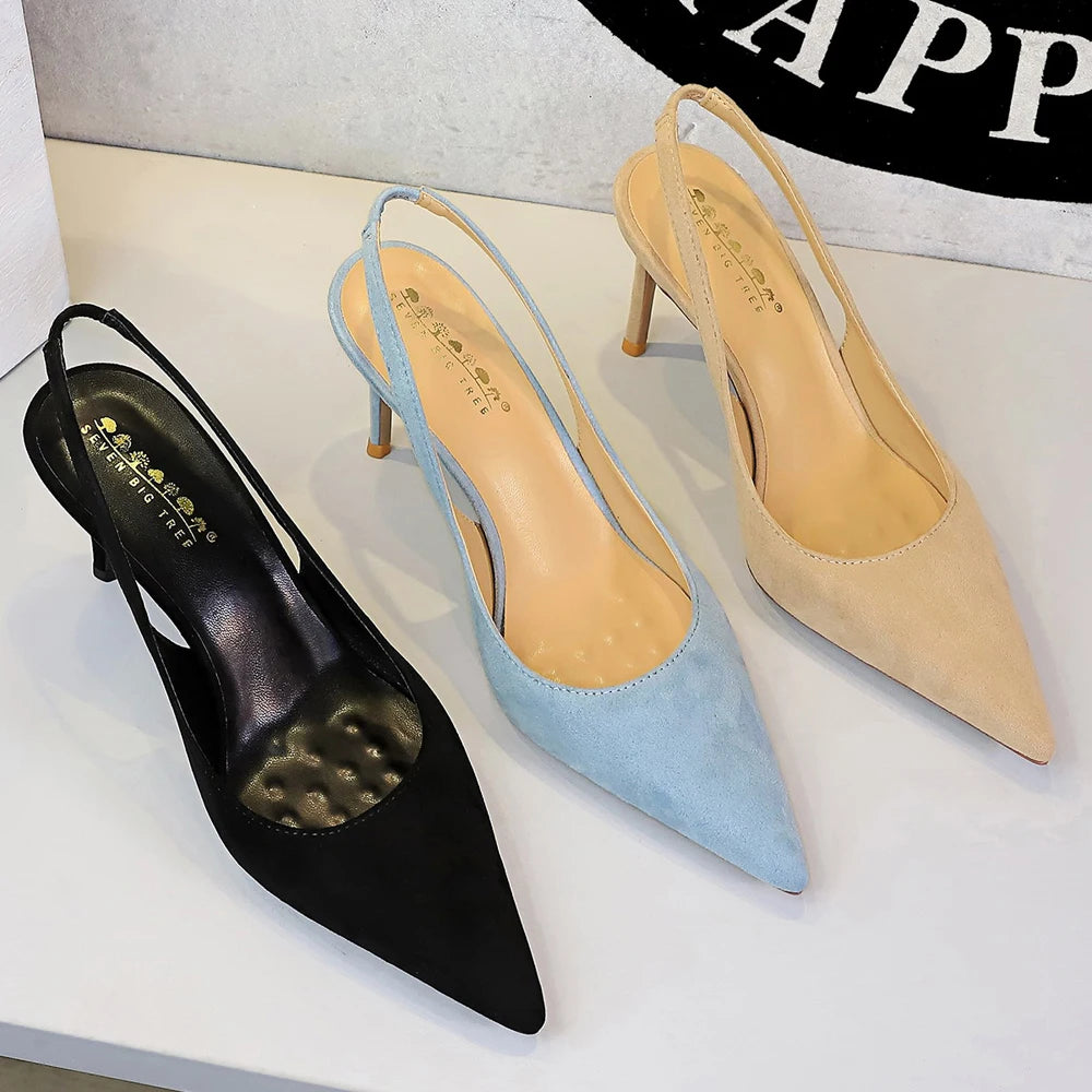 BIGTREE Shoes Suede High-heels Women's Shoes Summer Sandals Women Heels Stiletto 8 cm Pointed High-heeled Sandals Women Pumps