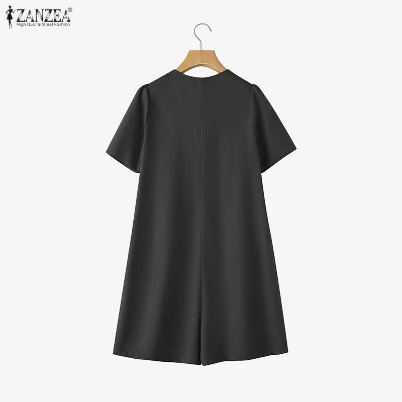 ZANZEA Woman Casual Half-Button Rompers V-Neck Short Sleeve Solid Color Short Jumpsuits Summer 2026 Playsuits Streetwear S-3XL