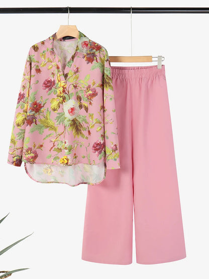2025 ZANZEA Autumn Outfits Women 2 Pieces Sets Fashion Long Sleeve Printed Blouse Wide Leg Pant Sets 2pcs Tracksuits Oversize
