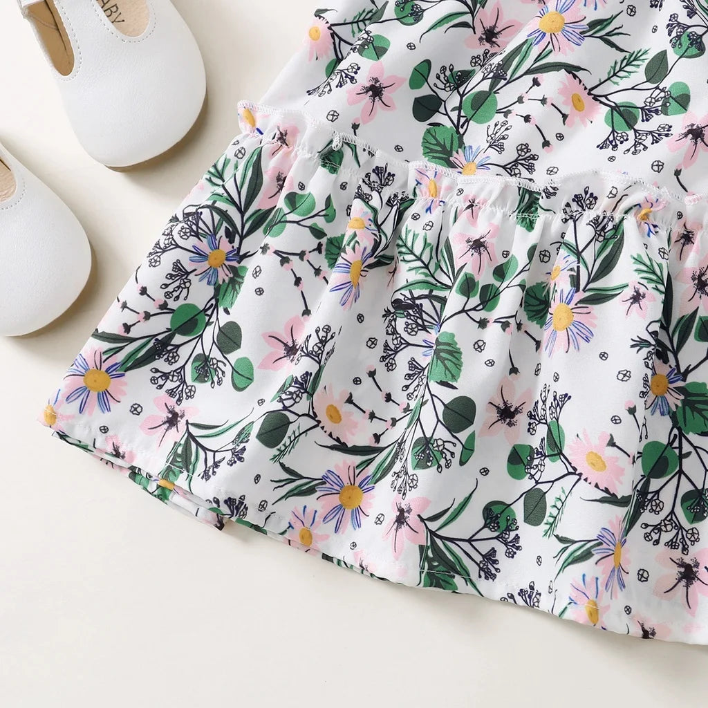 1-6 Years Kids Baby Girl Daily Dress Flowers Print Sleeveless Retro Style Lovely A- Line Summer Children Holiday Party Dresses