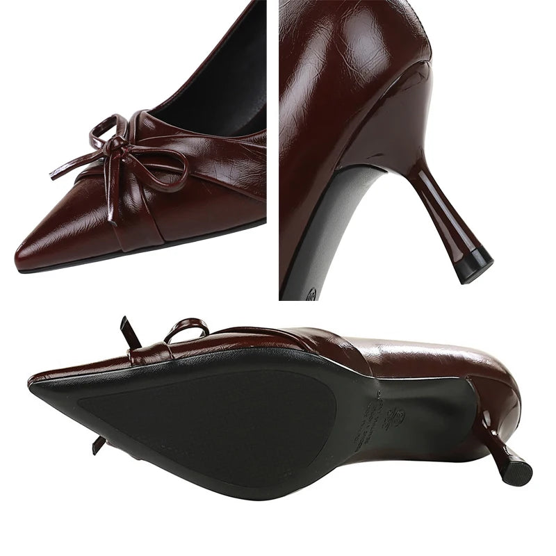 BIGTREE Shoes Retro Women Pumps Bowknot Decoration High Heels Sharp Pointed Women's Heels Stiletto Sexy Party Shoes Office Shoes