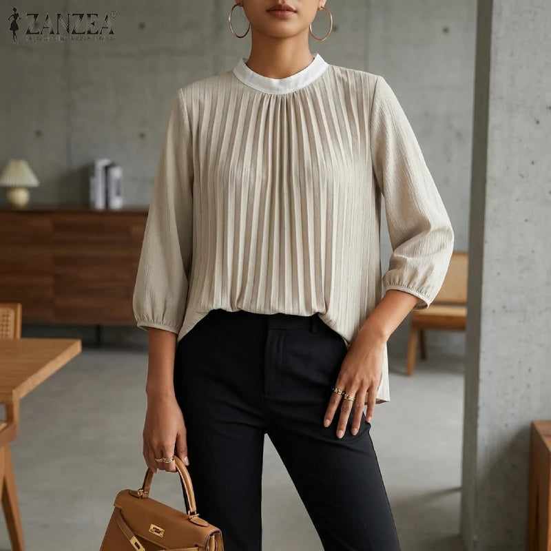 ZANZEA Women Fashion Pleated Front Blouses Contrast-Color O-Neck 3/4 Puff Sleeve Loose A-Line Tops Chic Blusa Mujer Streetwear