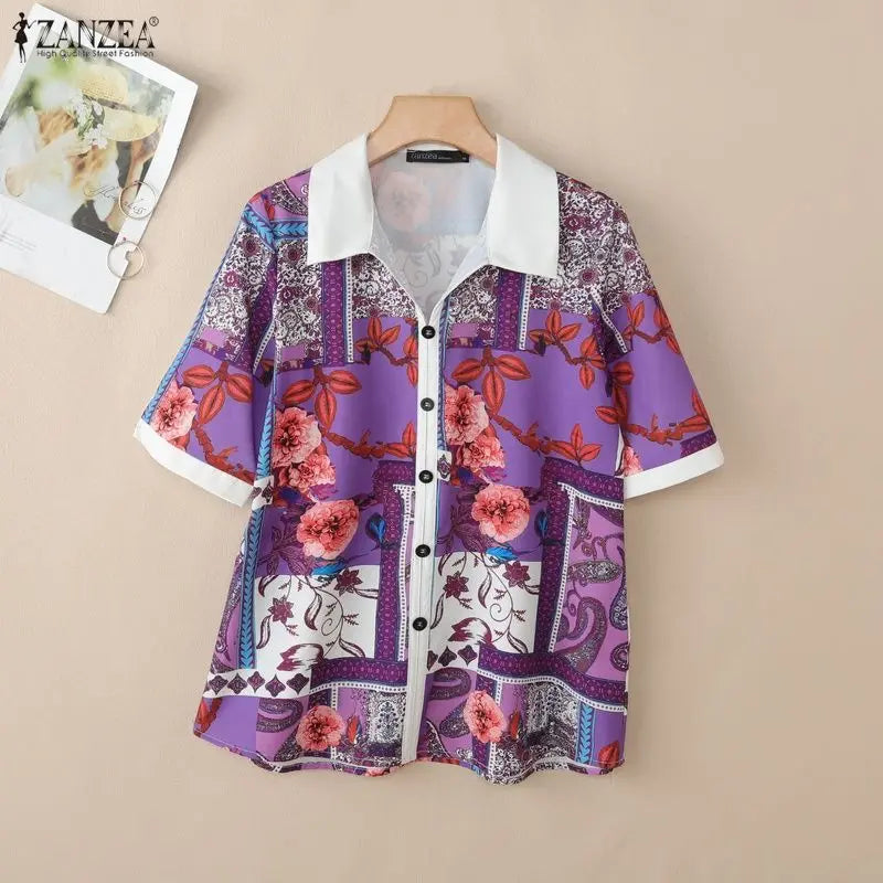 ZANZEA Women Floral Print Pullover Blouses Collared Short Sleeve Decorative Buttons Tops Summer Casual Vacation Blusas Mujer