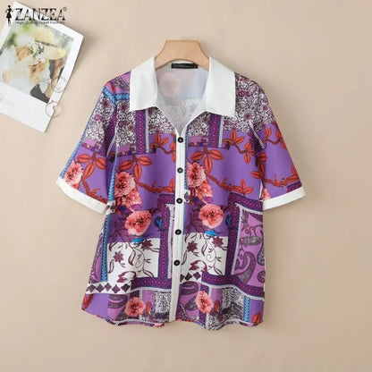 ZANZEA Women Floral Print Pullover Blouses Collared Short Sleeve Decorative Buttons Tops Summer Casual Vacation Blusas Mujer