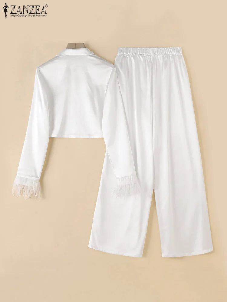 Fashion Tracksuit 2pcs Women Suit Spring Stylish Feather Patchwork Tops Pant Sets ZANZEA Female Party Outfits Work Matching Sets