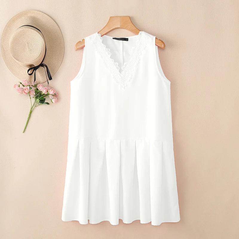 Summer Sleeveless Tops ZANZEA Women Blouses Lace Patchwork V Neck Pleated Blouse Streetwear OL Work Party Blusas Tops Tunic 3XL