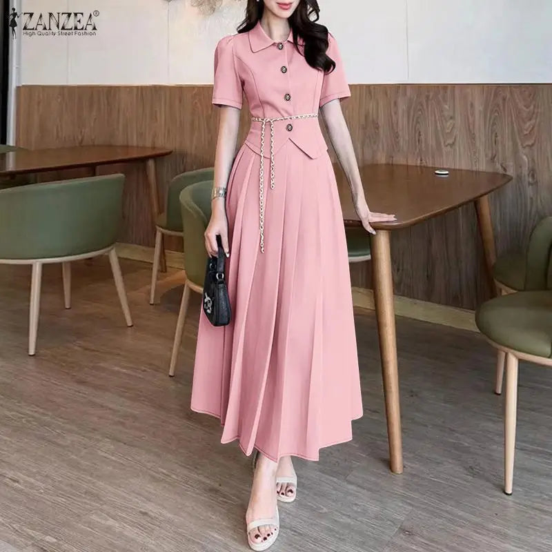 ZANZEA Women's Elegant Skirt Suits Collared Short Sleeve Shirt & Pleated Maxi Skirt 2 Pieces Sets Korean Fashion Party Outfits