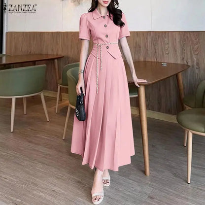 ZANZEA Women's Elegant Skirt Suits Collared Short Sleeve Shirt & Pleated Maxi Skirt 2 Pieces Sets Korean Fashion Party Outfits