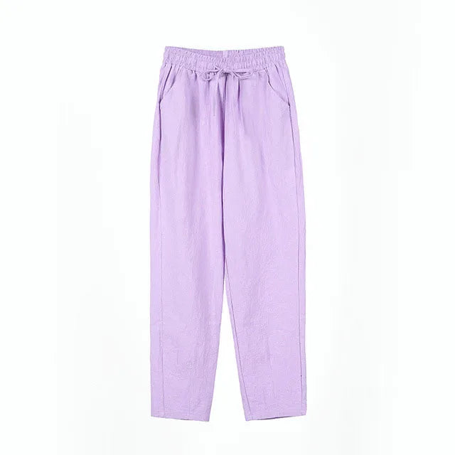 Women Pants Spring Autumn Ankle Length Casual Straight Pencil Solid Elastic Waist Harem Girls Pants Thin Cotton Linen Trousers