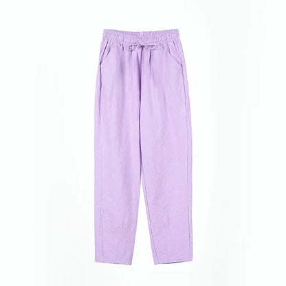 Women Pants Spring Autumn Ankle Length Casual Straight Pencil Solid Elastic Waist Harem Girls Pants Thin Cotton Linen Trousers