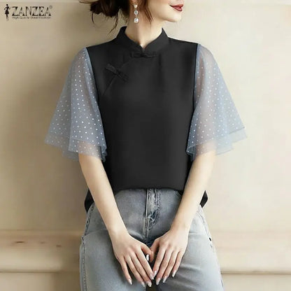 ZANZEA Woman Elegant Blouses Vintage Mandarin Collar Polka Dot Mesh Patchwork Half Sleeve Tops Summer Casual Blusas de Mujer