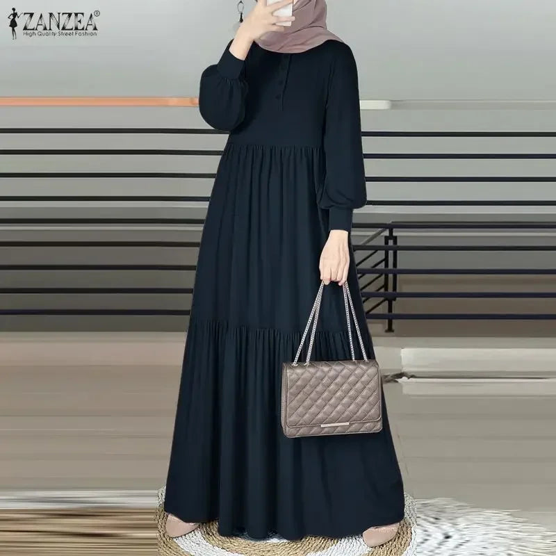 ZANZEA Elegant Muslim Abaya Hijab Long Dress Women Long Sleeve Ramadan Robe Spring Sundress Solid Loose Maxi Vestido Kaftan 2026