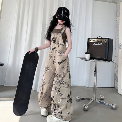 Child Vintage Americana Street Style Overalls Jumpsuit with Drawings for Kids Girl Dungarees Fashion Khaki Suspender Bib Pants