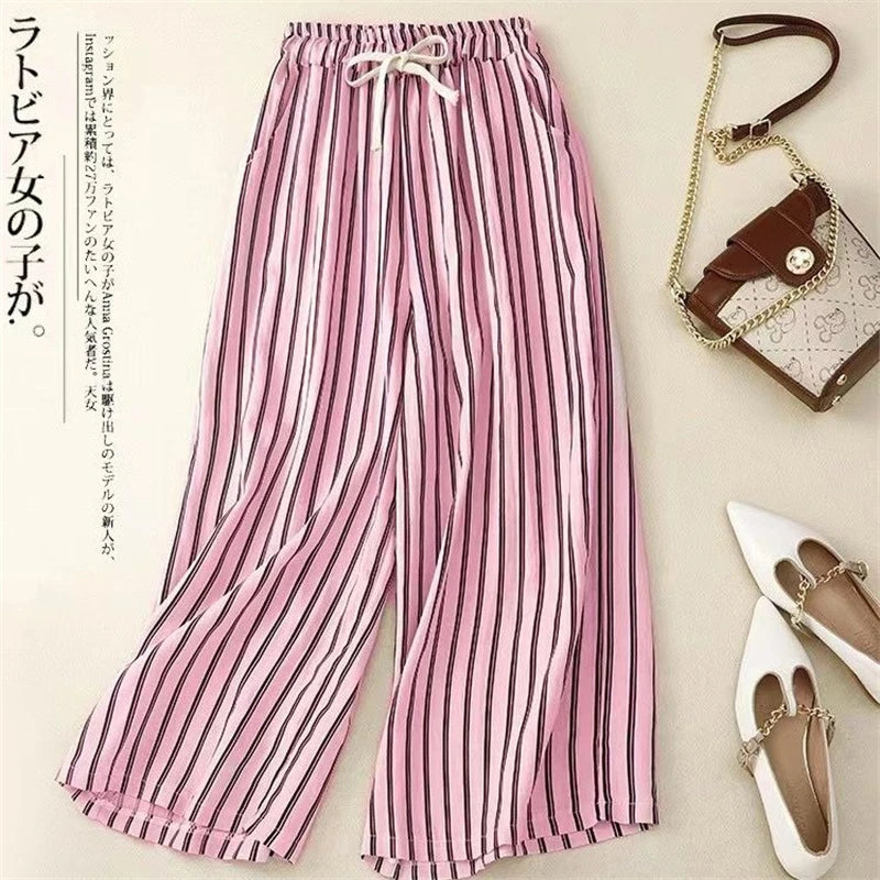 2024 Summer Women Vintage Striped Cotton Linen Beach Wide Leg Pants Female Casual High Waist Loose Straight Trousers Pantalones