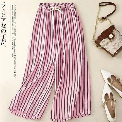2024 Summer Women Vintage Striped Cotton Linen Beach Wide Leg Pants Female Casual High Waist Loose Straight Trousers Pantalones